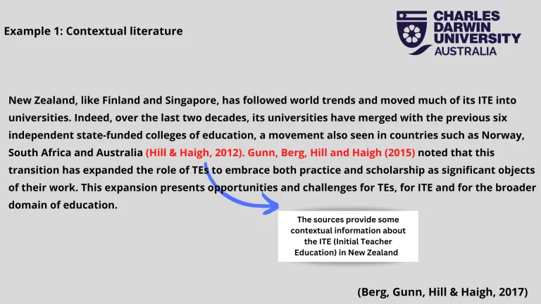 Example 1: Contextual literature  New Zealand, like Finland and Singapore, has followed world trends and moved much of its ITE into universities. Indeed, over the last two decades, its universities have merged with the previous six independent state-funded colleges of education, a movement also seen in countries such as Norway, South Africa and Australia (Hill & Haigh, 2012). Gunn, Berg, Hill and Haigh (2015) noted that this transition has expanded the role of TEs to embrace both practice and scholarship as