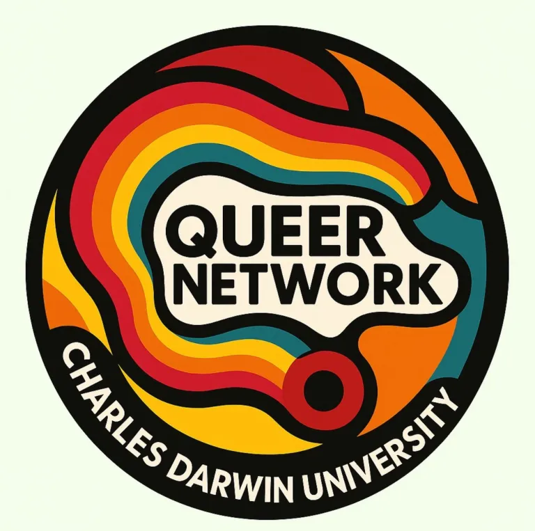 Logo of the Queer Network at Charles Darwin University featuring bold text and a retro rainbow design.